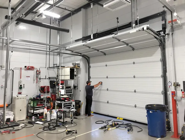 Pompano Beach Garage Door Repair certified technician performing commercial door repair at a Pompano Beach business facility