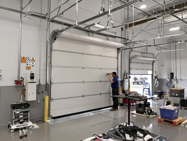 Commercial garage door repair being performed by Pompano Beach Garage Door Repair expert in Pompano Beach