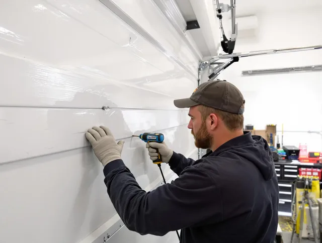 Pompano Beach Garage Door Repair technician demonstrating precision dent removal techniques on a Pompano Beach garage door