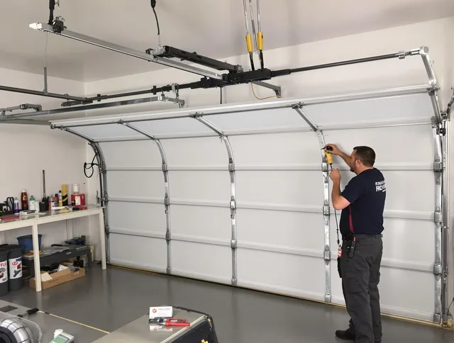 Pompano Beach Garage Door Repair certified technician performing overhead door system repair in Pompano Beach