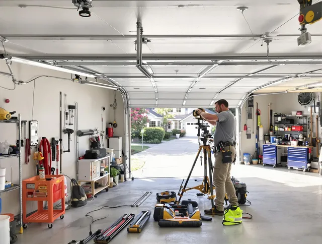 Pompano Beach Garage Door Repair specialist performing laser-guided track alignment in Pompano Beach